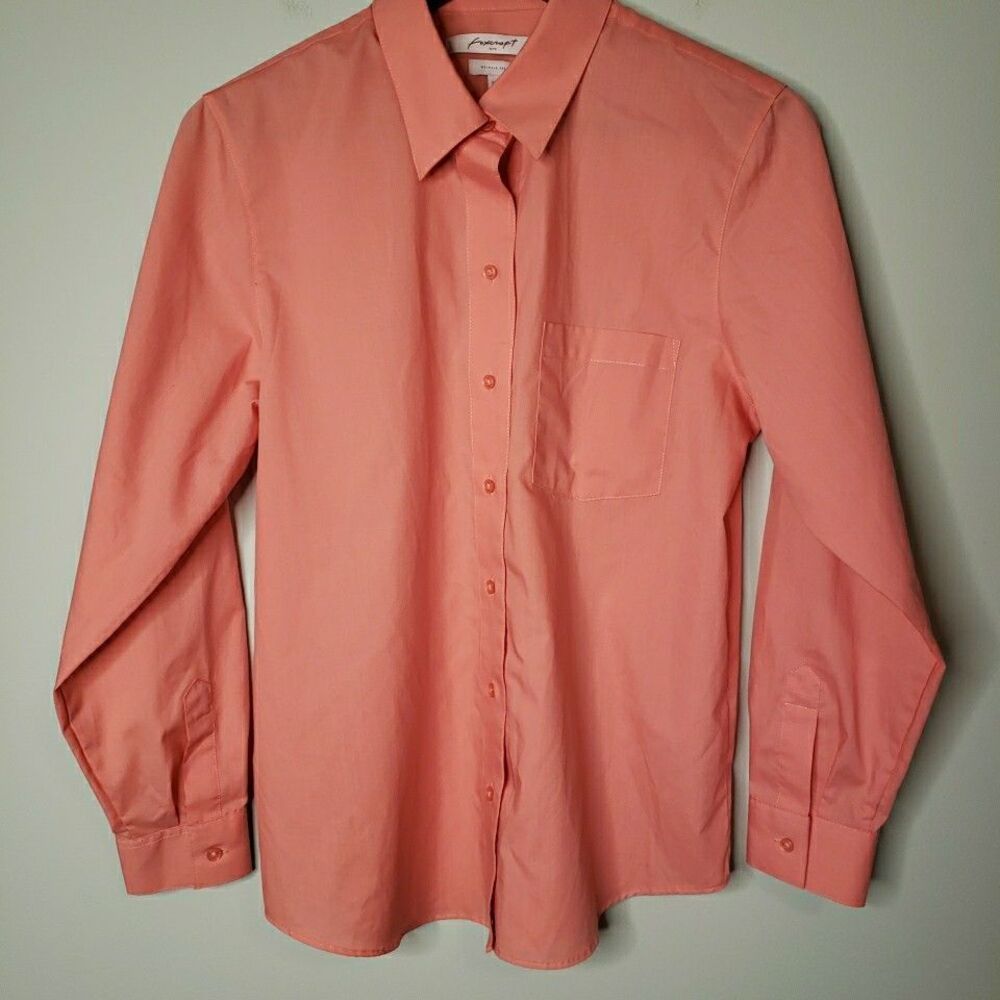 Foxcroft Womens Button Up Dress Shirt 12P Pink Peach Long Sleeve Career Spring